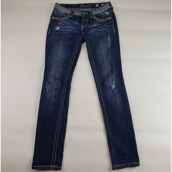 Miss Me Rhinestone Studded Jean Womens 26 Dark Blue Skinny Distressed Denim Pant - Picture 1 of 9